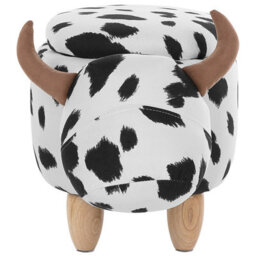Beliani Cow Storage Stool - Black And White Faux Leather Pouffe With Rubberwood Legs - W60 X D32 X H35Cm - thumbnail 6