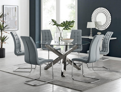 Furniturebox Uk Vogue Large Round Chrome Metal Clear Glass Dining Table And 6 Elephant Grey Murano Dining Chairs Set - image 1