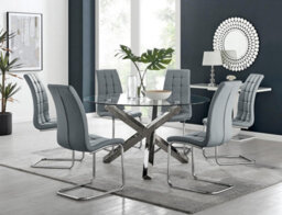 Furniturebox Uk Vogue Large Round Chrome Metal Clear Glass Dining Table And 6 Elephant Grey Murano Dining Chairs Set - thumbnail 1
