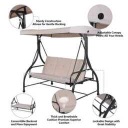 Costway Garden Patio Swing Chair 3 Seater Hammock Bench Convertible Canopy Cushion Seats - thumbnail 5