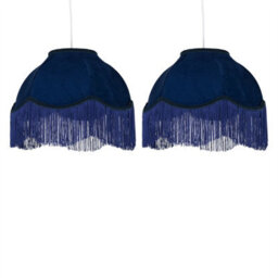 First Choice Lighting Set Of 2 Fringe - Navy Blue Velvet Fringed Pendant Or Lamp Shades