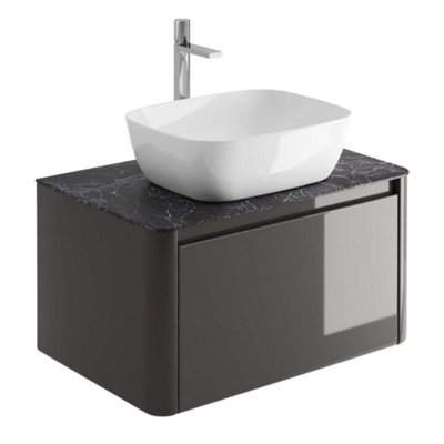Plum&clay Mayfair Gloss Dark Grey Wall Hung Bathroom Vanity Unit With Black Slate Countertop (W)750mm (H)406mm - image 1