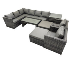 Fimous 8 Pieces Outdoor Pe Rattan Garden Furniture Corner Sofa Oblong Coffee Table Set With Cushions Chair 2 Big Stools Side Table - thumbnail 1