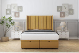 "Sloomy Falcon Mustard Plush Ottoman Bed Base With 54"" Wingback Headboard 4'6 Double" - thumbnail 1