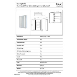 RAK Ceramics Rak Sagittarius 500X700mm Rectangular Illuminated Bathroom Mirror Cabinet With Bluetooth, Demister & Shaving Socket - thumbnail 2