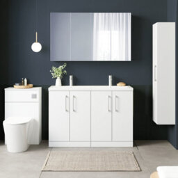 Balterley Bramshall 1200mm Floor Standing 4 Door Double Basin Vanity Unit For Modern Bathroom Storage - Gloss White - thumbnail 2