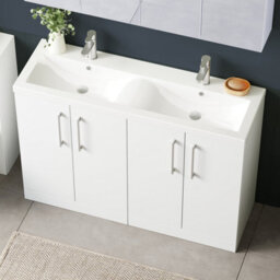 Balterley Bramshall 1200mm Floor Standing 4 Door Double Basin Vanity Unit For Modern Bathroom Storage - Gloss White - thumbnail 4