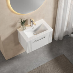 Balterley Belvide Partial Fluted 1 Drawer Wall Hung Vanity Unit With 1 Tap Hole Minimalist Basin - 600mm - Satin White - thumbnail 5