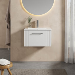 Balterley Belvide Partial Fluted 1 Drawer Wall Hung Vanity Unit With 1 Tap Hole Minimalist Basin - 600mm - Satin White - thumbnail 2