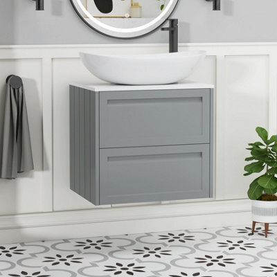 Royal Bathrooms Royal Bathroom Elmore 600mm Matt Pebble Grey Wall Mounted Bathroom Vanity Unit 2 Drawer Plain White Worktop With Cesar Basin - image 1