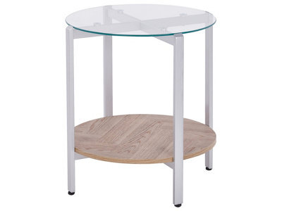 Wyld And Coco Round Side Table 50Cm - Chrome Metal Frame, Tempered Glass Top, Light Wood-Knot Shelf - Modern Design - image 1