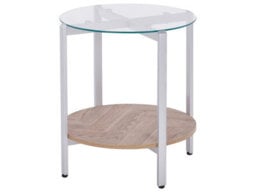 Wyld And Coco Round Side Table 50Cm - Chrome Metal Frame, Tempered Glass Top, Light Wood-Knot Shelf - Modern Design - thumbnail 1