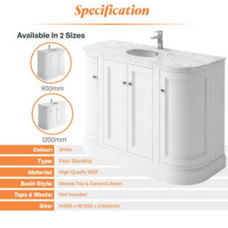 Plum&clay Fairmont Traditional Curved White Floor Standing Vanity Unit With Ceramic Basin & Marble Top (W)1200mm - thumbnail 5
