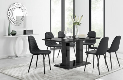 Furniturebox Imperia Black High Gloss 6 Seater Dining Table With Structural 2 Plinth Column Legs 6 Black Faux Leather Black Leg Corona Chairs - image 1