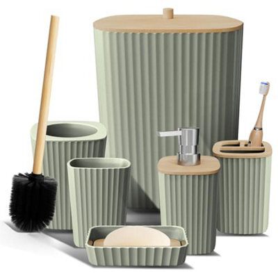 Clara Clark Bathroom Set - Sage Green Accessories 6 Pc Accessory Sets With Toilet Brush, Trash Can & Soap Dispenser