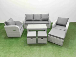 Fimous Pe Rattan Garden Furniture Set Reclining Chair Sofa Lounge Sofa Set Rectangular Coffee Table 3 Stools Light Grey - thumbnail 2