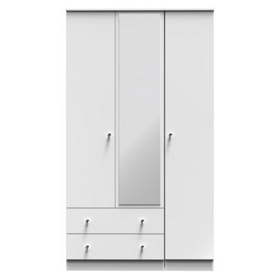 Portland Tall Triple 2 Drawer Mirrored Wardrobe In White & White Matt (Ready Assembled) - image 1
