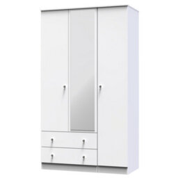 Portland Tall Triple 2 Drawer Mirrored Wardrobe In White & White Matt (Ready Assembled) - thumbnail 3