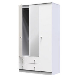 Portland Tall Triple 2 Drawer Mirrored Wardrobe In White & White Matt (Ready Assembled) - thumbnail 5