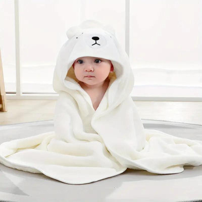 Dyzi White Baby Hooded Towel Ultra Soft & Absorbent Animal Cartoon Bath Towel For Kids - image 1