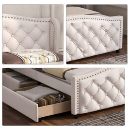 Matteo White Upholstered Bed 135X190Cm With Slatted Frame, 2 Drawers And Riveted Headboard - thumbnail 3