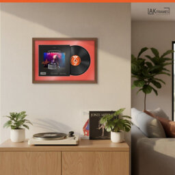 "AK Frames 25X17"" Walnut Modern Vinyl Record Frame With Poppy Red Mount For 12 Inch Lp Cover & Disc - Overlapped Design" - thumbnail 5