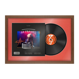 "AK Frames 25X17"" Walnut Modern Vinyl Record Frame With Poppy Red Mount For 12 Inch Lp Cover & Disc - Overlapped Design"