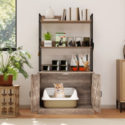 Costway Modern Cat Litter Box Enclosure Hidden Cat Washroom Cabinet-Grey - thumbnail 7