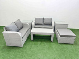 Fimous 5 Seater Outdoor Love Sofa Set Rattan Garden Furniture Set Oblong Coffee Table Big Footstool 2 Side Tables Light Grey - thumbnail 1