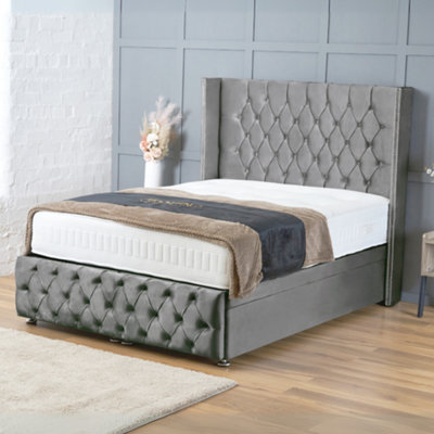 Bsspoke Divan Ottoman Bed In Grey Plush Velvet Upholstered 138Cm Wingedback Headboard&footboard Free Mattress 3Ft 4Ft 4Ft6 5Ft 6Ft - image 1