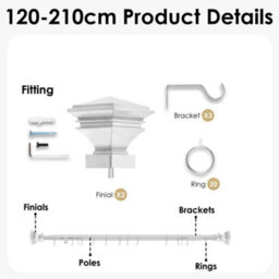 Oxford Homeware Satin Chrome Effect Extendable Curtain Pole With Metal Lamp Finials, (L)1200mm-2100mm (Dia)28mm - thumbnail 4