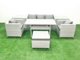 Fimous Garden Dining Set Outdoor Rattan Furniture Set Sofa Dining Table 2 Chairs Big Stool 2 Side Tables Light Grey - thumbnail 2