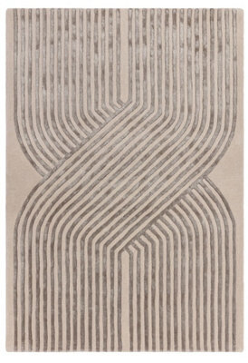 Cream Handmade Modern Striped Wool 12-14mm Thick Stain-Resistant Rug For Bedroom, Living, & Dining Room-120Cm X 170Cm - image 1