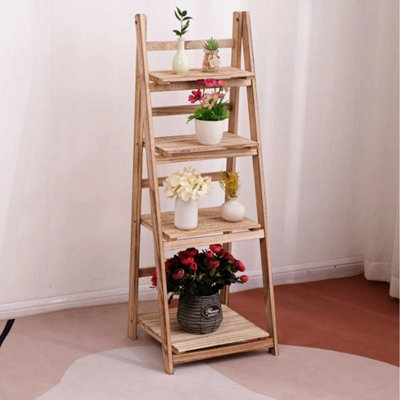 4Tier Folding Ladder Shelf Storage Shelving Wooden Bookcase Plant Display Ladder - image 1