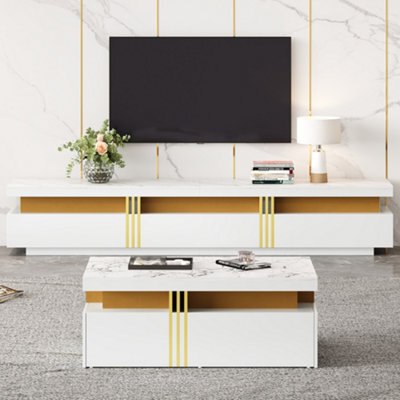 "Btm Tv Stand & Coffee Table Set, 3-Drawer Tv Cabinet For 89"" Tv + 2-Drawer Coffee Table, White Pb Board"