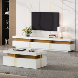 "Btm Tv Stand & Coffee Table Set, 3-Drawer Tv Cabinet For 89"" Tv + 2-Drawer Coffee Table, White Pb Board" - thumbnail 2