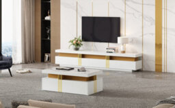 "Btm Tv Stand & Coffee Table Set, 3-Drawer Tv Cabinet For 89"" Tv + 2-Drawer Coffee Table, White Pb Board" - thumbnail 5