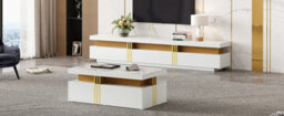"Btm Tv Stand & Coffee Table Set, 3-Drawer Tv Cabinet For 89"" Tv + 2-Drawer Coffee Table, White Pb Board" - thumbnail 7