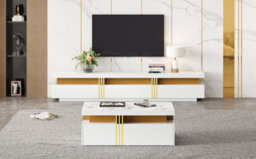 "Btm Tv Stand & Coffee Table Set, 3-Drawer Tv Cabinet For 89"" Tv + 2-Drawer Coffee Table, White Pb Board" - thumbnail 4