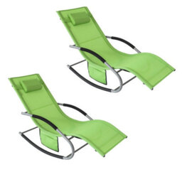 Sobuy Ogs28-Grx2, Set Of 2 Outdoor Garden Rocking Sun Lounger Recliner Relaxing Chair With Headrest And Side Bag, Green - thumbnail 1