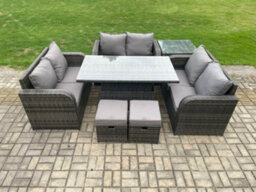 Fimous Rattan Garden Outdoor Furniture 3 Pc Love Sofa Set Patio Adjustable Rising Lifting Dining Table With Side Table Footstools - thumbnail 2