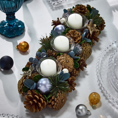 Dibor Moonlight Blue Triple Table Centrepiece Christmas Decoration Candle Holder Tealight Holder 39Cm - image 1