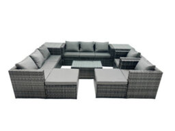 Fimous Rattan Garden Furniture Dining Set 10-Seater Patio Coffee Table Sofa Set With 2 Big Stools 2 Side Tables Dark Grey Mixed - thumbnail 2