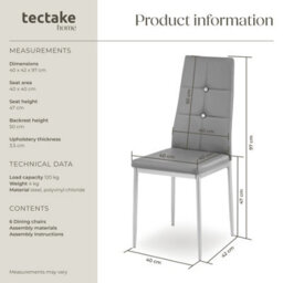 Tectake Set Of 6 Dining Chair Set - High Backrest, Slim Steel Legs & Rhinestone Highlights  - Grey - thumbnail 6