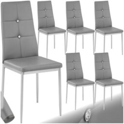Tectake Set Of 6 Dining Chair Set - High Backrest, Slim Steel Legs & Rhinestone Highlights  - Grey