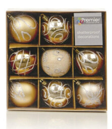 Premier Shatterproof Mixed 9 Pack Of Christmas Baubles - Champagne Gold - Various Designs