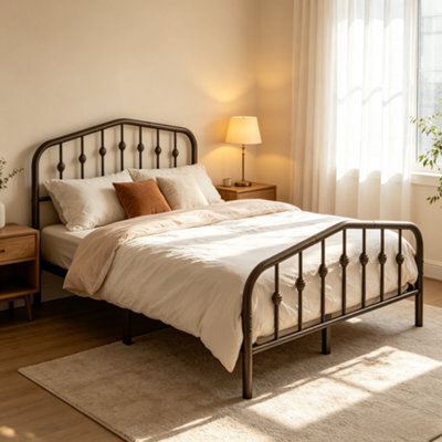 Yaheetech 4Ft6 Double Bed Frames Metal Slatted Bed Base With Crown-Inspired Design Headboard Bronze - image 1