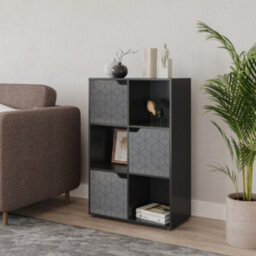 Urbn-Living Urbnliving 91Cm Height 6 Cubes Black Wooden Bookcase Display Shelf Storage Cabinet With Modern Geo Grey Door - thumbnail 3