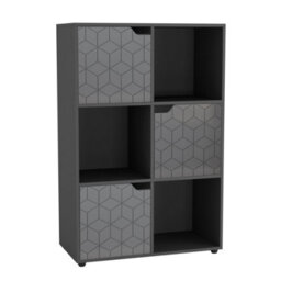 Urbn-Living Urbnliving 91Cm Height 6 Cubes Black Wooden Bookcase Display Shelf Storage Cabinet With Modern Geo Grey Door - thumbnail 2