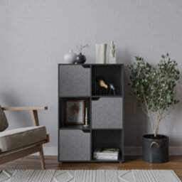Urbn-Living Urbnliving 91Cm Height 6 Cubes Black Wooden Bookcase Display Shelf Storage Cabinet With Modern Geo Grey Door - thumbnail 1